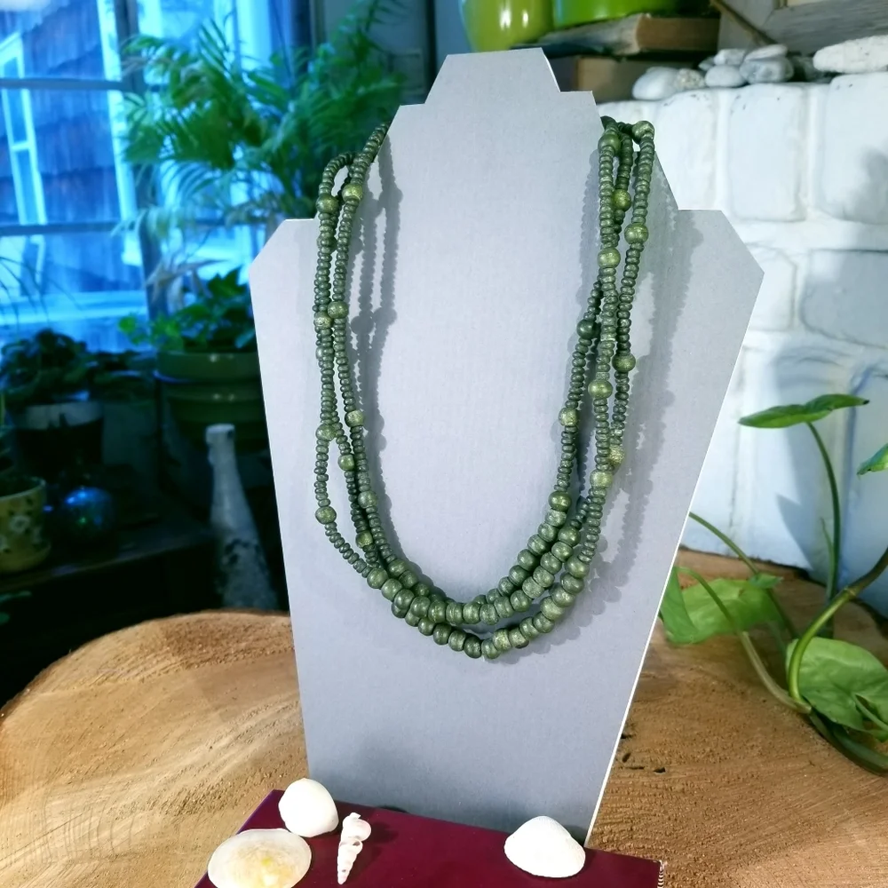 Olive Wood Bead 3 strand necklace - Picture 2 of 5